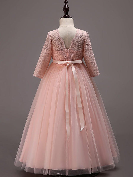 ISANNA|Charming Bow Lace Flower Girl Dress with Long Sleeves
