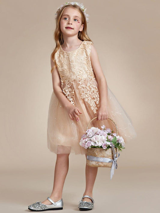 VIANNE|Elegant Lace Sleeveless Embroidered A-Line Flower Girl Dress with Bowknot