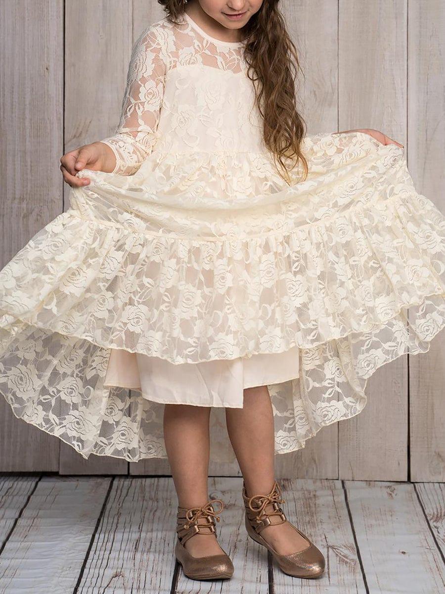 TIALORA|Pure Lace Long-Sleeve Round Neckline Flower Girl Dress