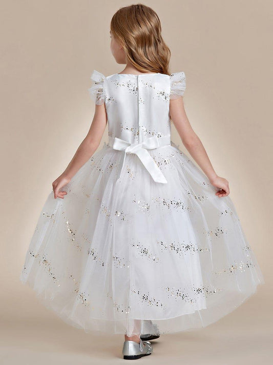 ARISTA|Lace Applique Flutter Sleeves Sparkle Princess Flower Girl Dress