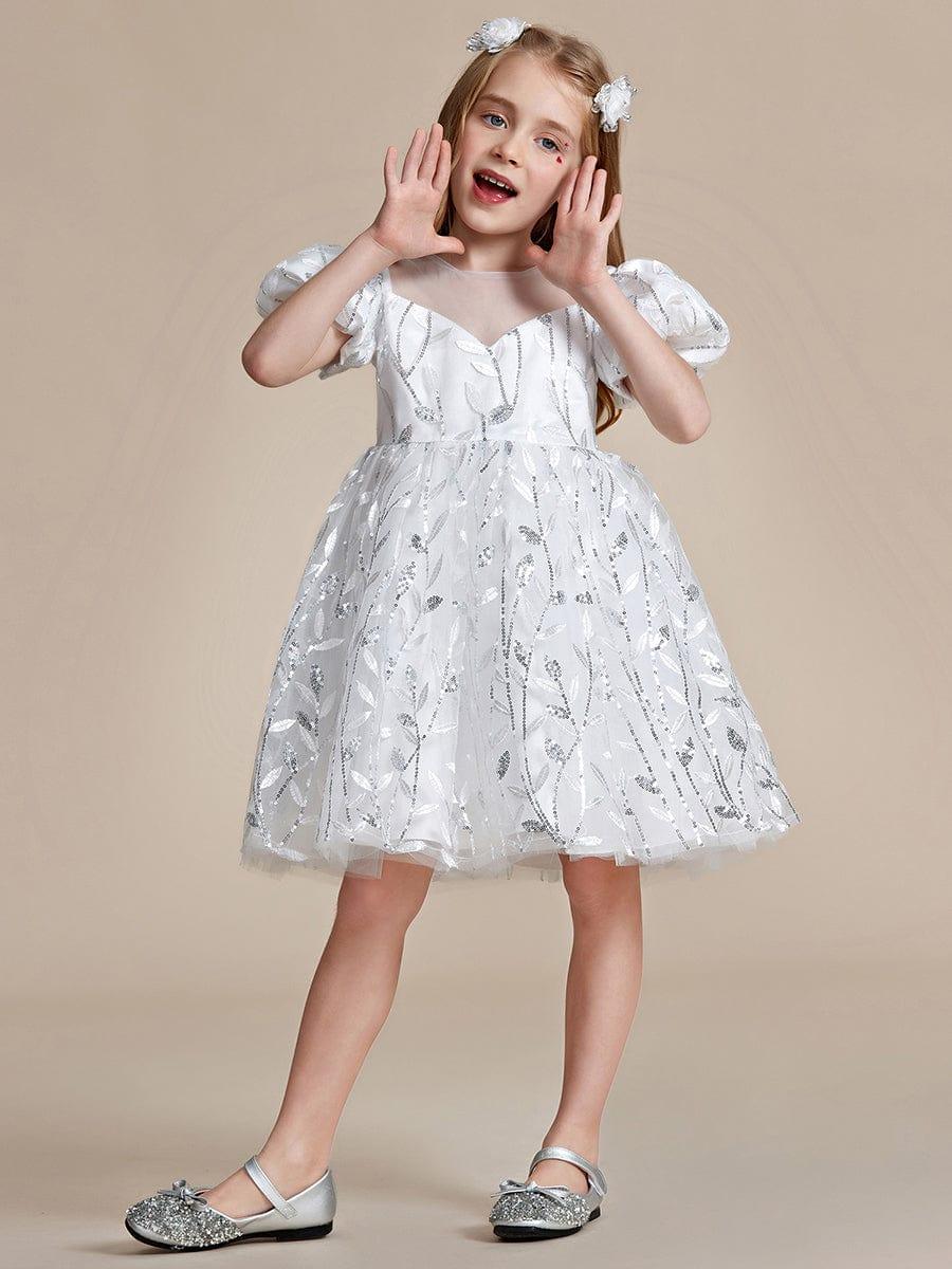 FLORRIE|Sparkling Puffy Sleeves Leaf Sequin A-line Flower Girl Dress