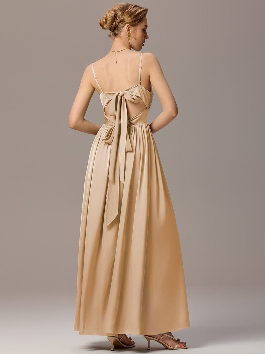 ever VERA|Satin Pleated Back-Tie Sleeveless Maxi Bridesmaid Dress