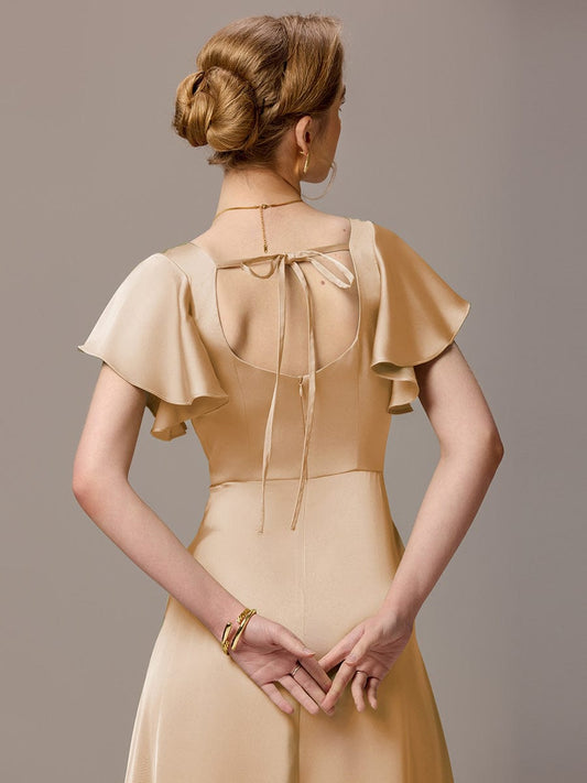 ever LIORIE|Satin Square Neck Short Sleeve Ruffled Maxi Bridesmaid Dress with Pockets