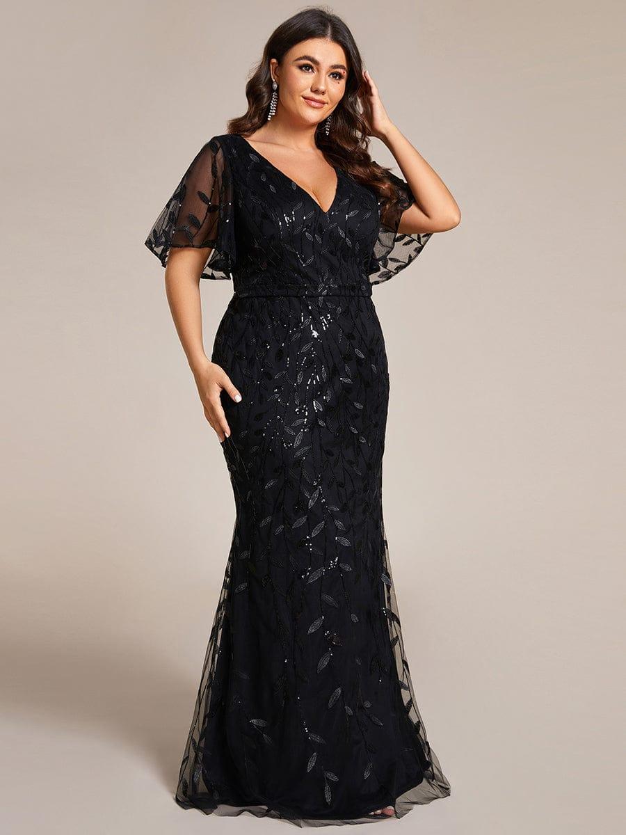 pretty DIONE|Fashion Plus Size V Neck Mermaid Sequin & Tulle Evening Dress