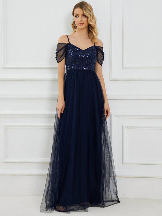 Sequin Bodice Cold Shoulder Floor Length Tulle Bridesmaid Dress