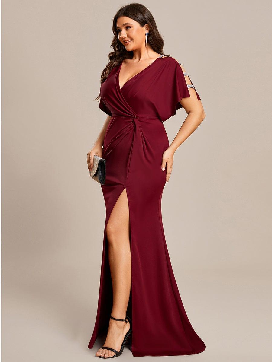 pretty LYN|Plus Size Sequin Sleeve High Slit Evening Dress with Pleated