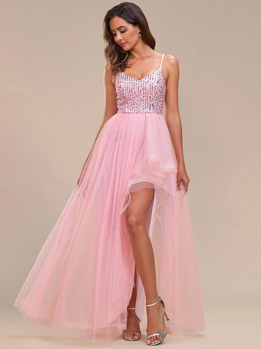 Spaghetti Strap Sequin Top A-Line High Low Tulle Evening Dress
