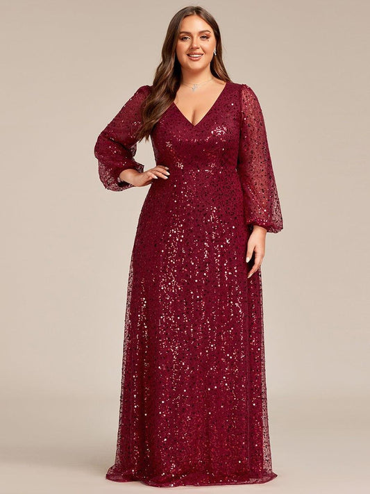 pretty RAYVEN|Plus Size V-Neck Lantern Long Sleeve Sequin A-Line Evening Dress