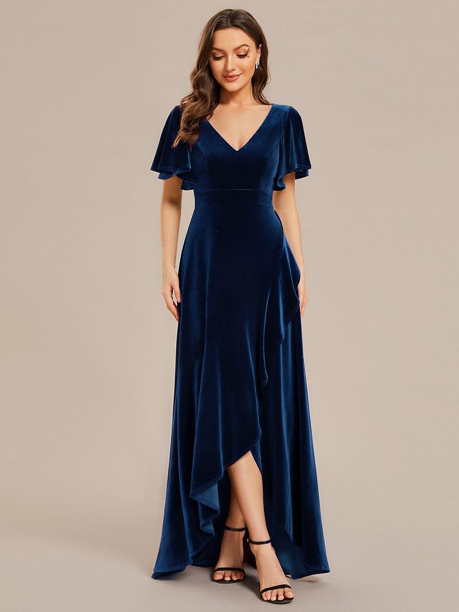 ever SYLVA|Double V-Neck Short Sleeves Stretchy Velvet Evening Dress with Lotus Leaf Hem