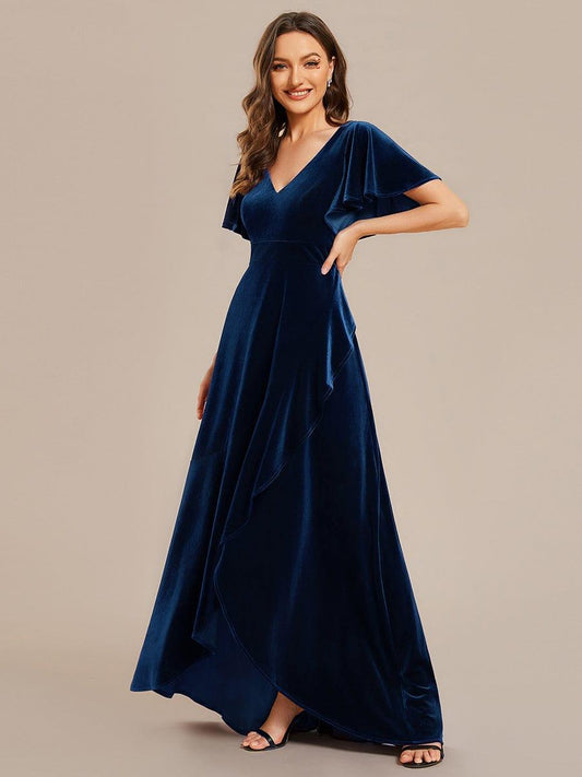 ever SYLVA|Double V-Neck Short Sleeves Stretchy Velvet Evening Dress with Lotus Leaf Hem