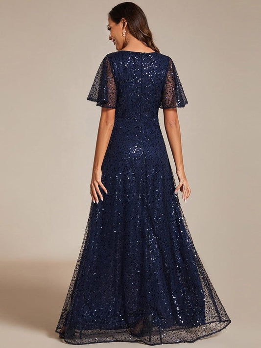 ever ARIA|Shimmering All Over Sequin Short Sleeves A-Line Formal Evening Dress