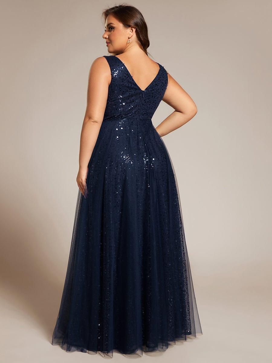 pretty HILLARY|Plus Size Sequin V-Neck Sleeveless Empire Waist Tulle Formal Evening Dress