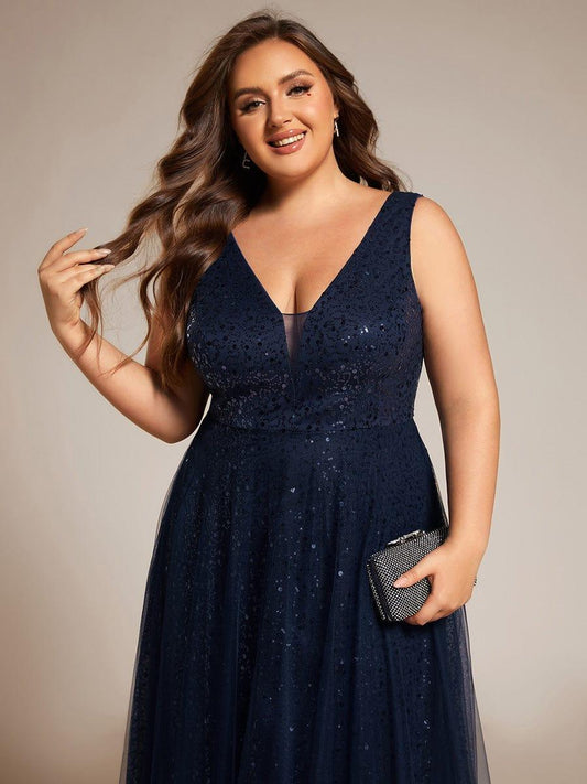 pretty HILLARY|Plus Size Sequin V-Neck Sleeveless Empire Waist Tulle Formal Evening Dress