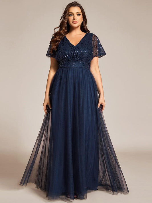 pretty NAVEYA|Plus Size Short Sleeves Sequin V-Neck Formal Evening Dress with Tulle
