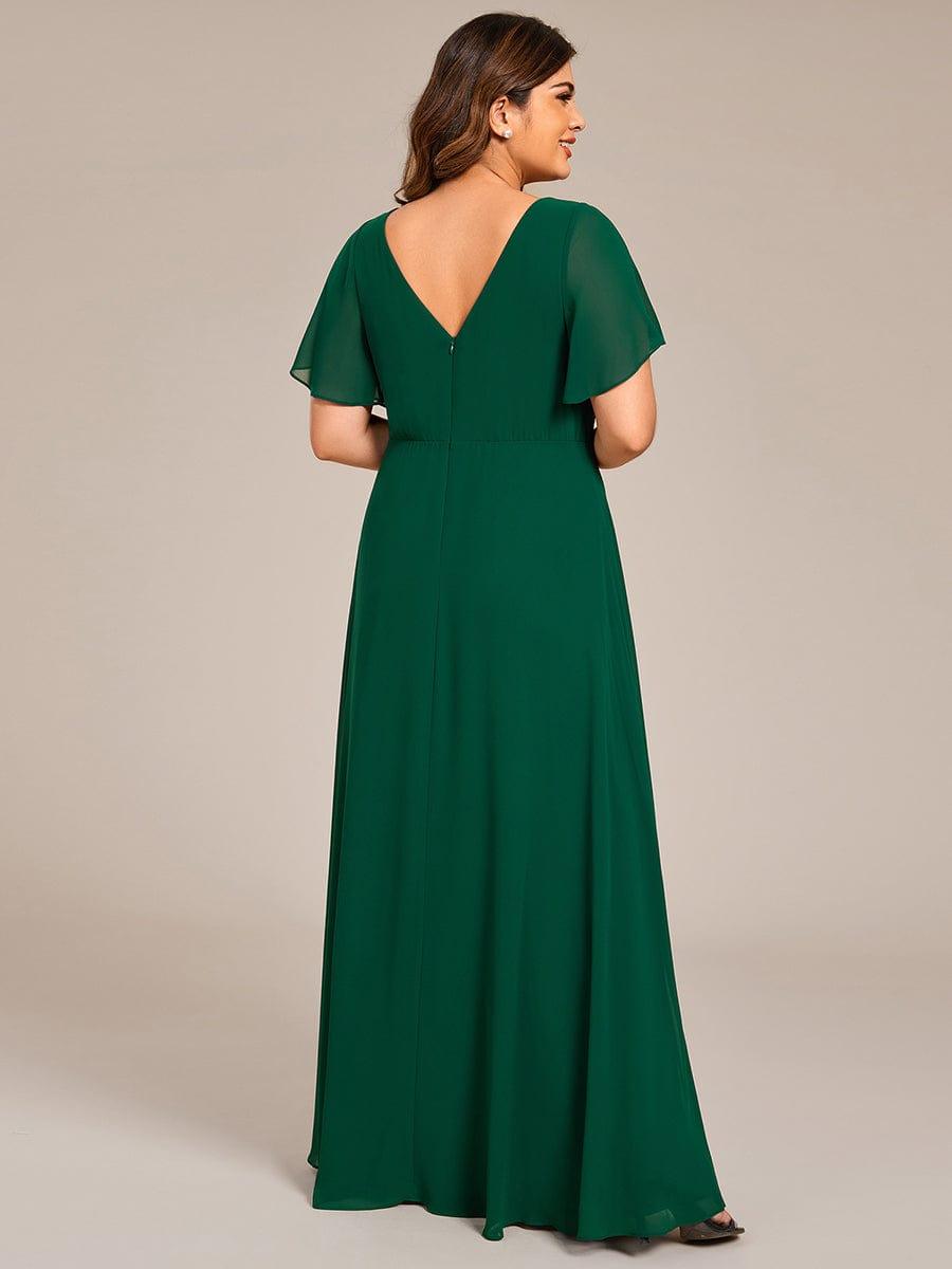 Elegant Pleated Short Sleeve Deep V-Neck Maxi Formal Evening Dress