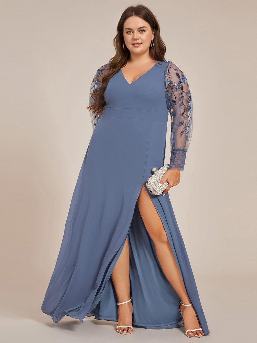 pretty RYLEE|Plus Size High Slit Embroidered Long Sleeve Chiffon Formal Evening Dress