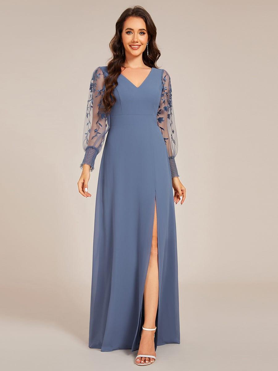 ever RYLEE|See-Through Long Sleeve V-Neck High Slit Chiffon Formal Evening Dress