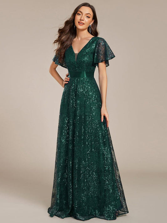 ever CORY|Illusion V-neck Short Sleeve Sequin Formal Maxi Dress