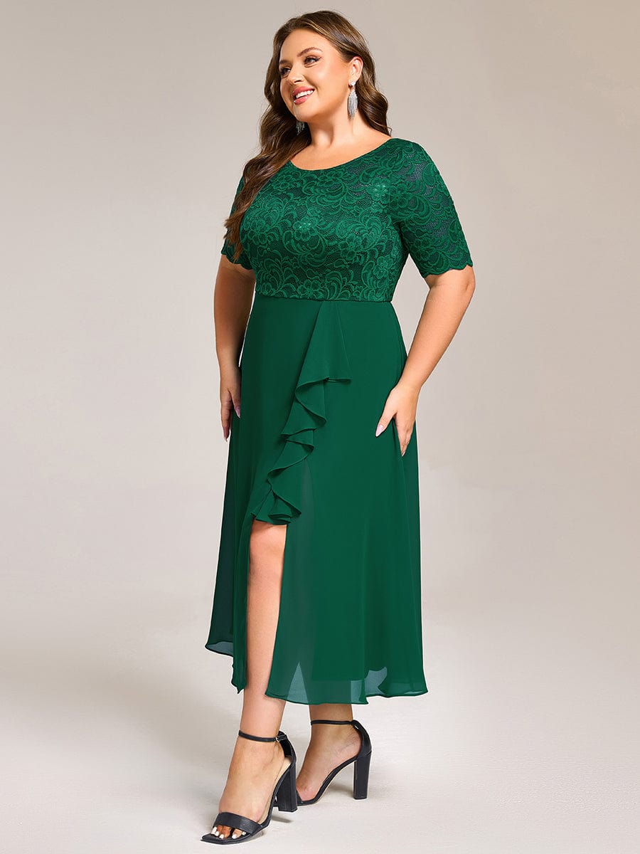 pretty NYLA|Plus Size Lace Top Short Sleeve A-Line Split Round Neck Formal Dress