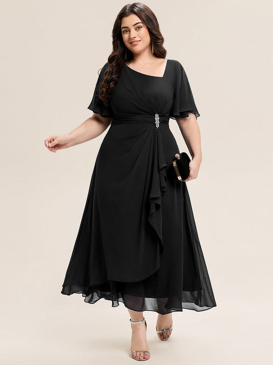 pretty LILOU| Plus Size Pleated Chiffon Ruffle Sleeve Midi Dress