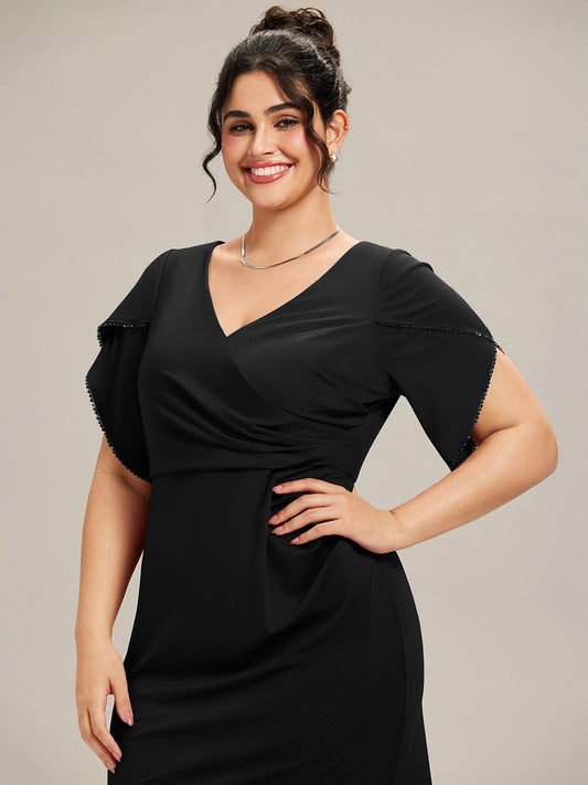 pretty EZRA| Plus Size Thigh-High SlitTulip Sleeve Formal Dress