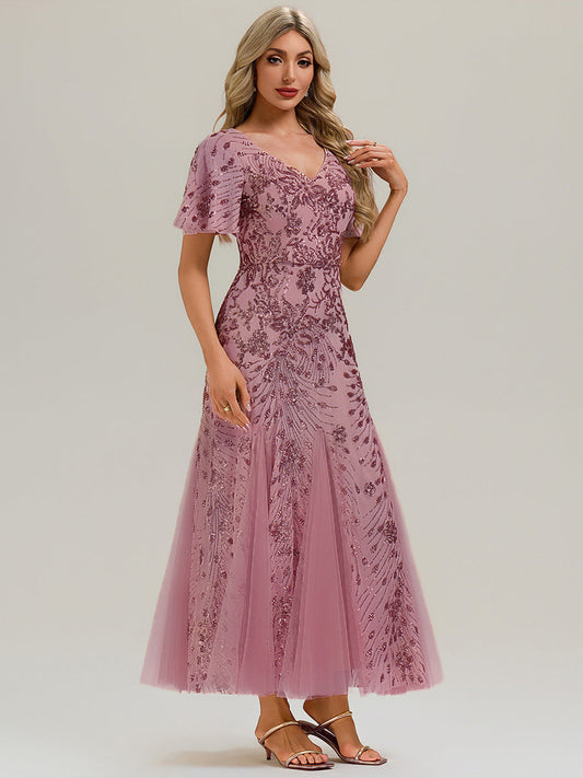 ever ANNIKA| Embroidered Sequin Ruffle Sleeve Evening Dress