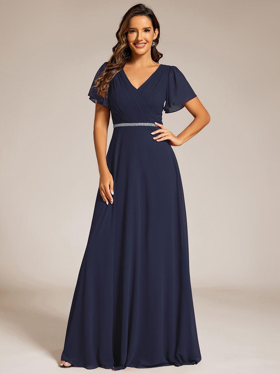 ever LAYLAH|Pleated A-Line Chiffon Formal Evening Dress with Short Sleeves and Sequin Waist