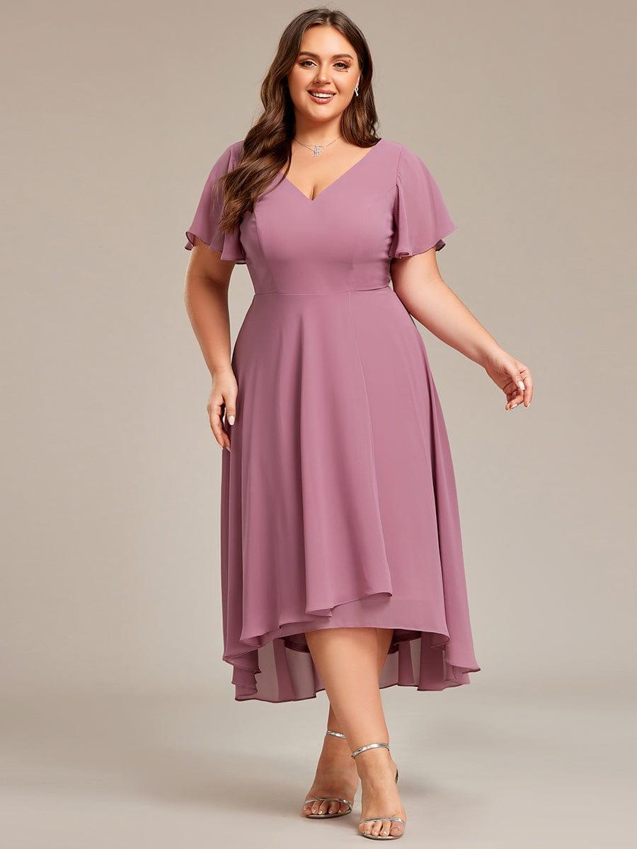 pretty AALIA|Plus Size Flowing Chiffon V-Neck Ruffle Sleeves Bridesmaid Dress