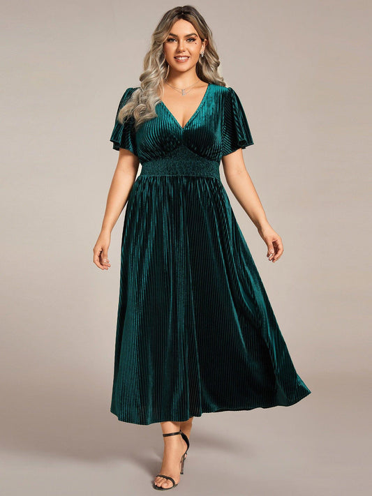 pretty AZALEA|Plus Size A-line V-Neck Short Sleeve Pleated Velvet Fall Wedding Guest Dress