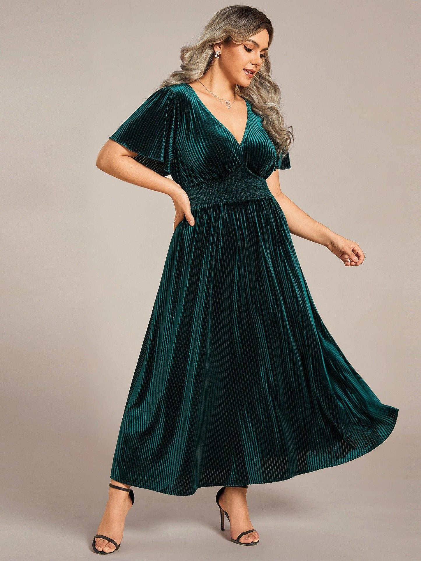 pretty AZALEA|Plus Size A-line V-Neck Short Sleeve Pleated Velvet Fall Wedding Guest Dress