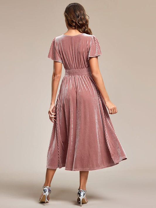 ever AZALEA|Graceful V-Neck Waist Design Short Sleeves Fall Velvet Midi Wedding Guest Dress