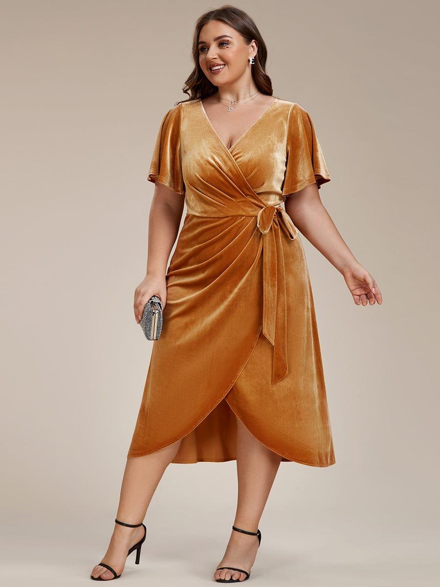 pretty LENNA|Plus Size V-Neck Ruffles Sleeve Velvet One-Piece Type Wedding Guest Dress