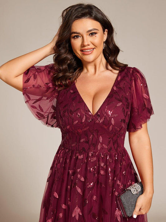 pretty SIMONE|Plus Size Sparkly A-Line Midi Tulle Formal Wedding Guest Dress with Leaf Sequin