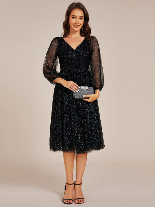 Glittery Long Sleeve V-Neck Midi Wedding Guest Dress