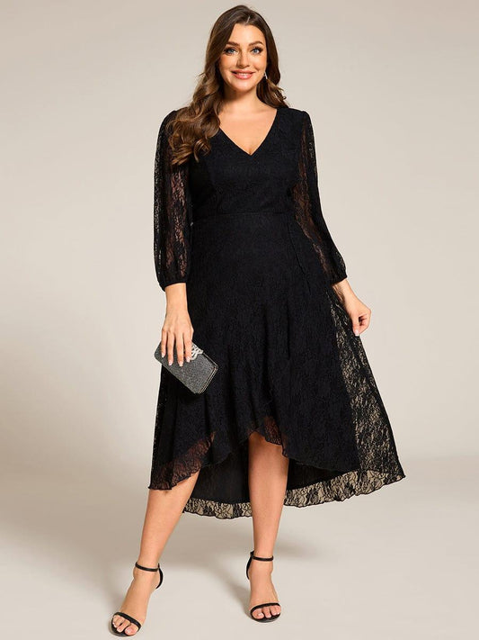 pretty CAMILLE|Plus Size Midi Long Lantern Sleeves V-Neck Lace Wedding Guest Dress