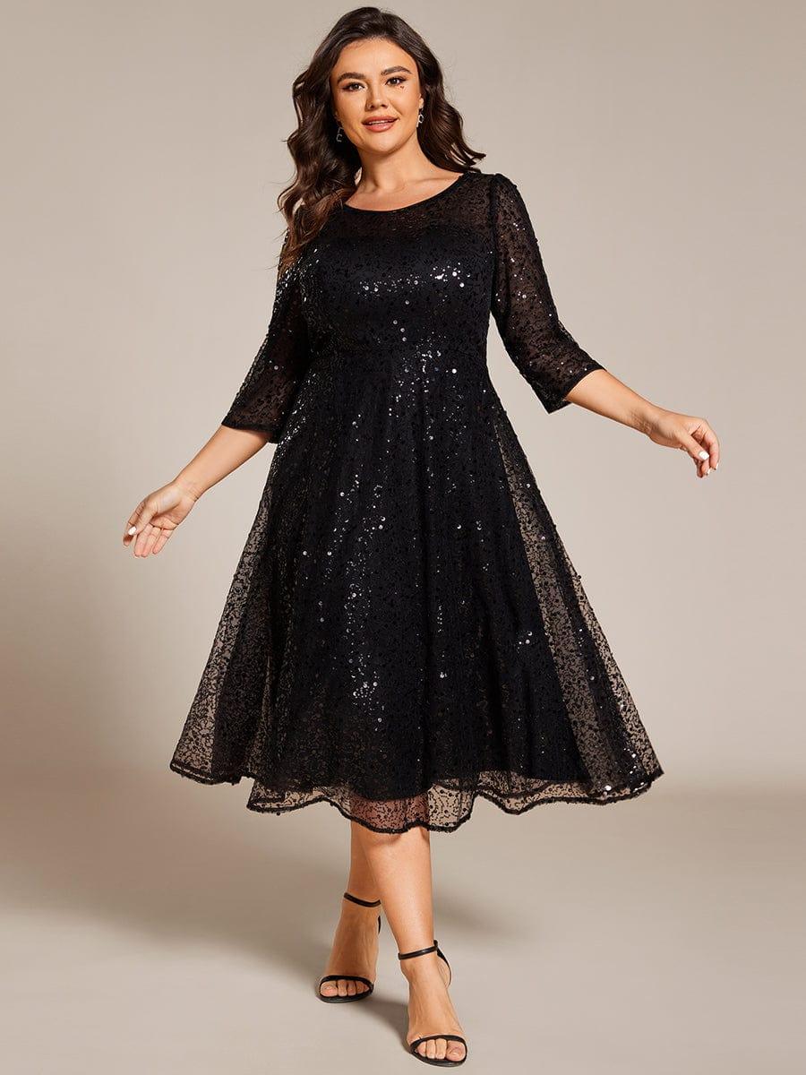 pretty SIENNA|Plus Size 3/4 Sleeve Midi Round Neck A-Line Sequin Wedding Guest Dress