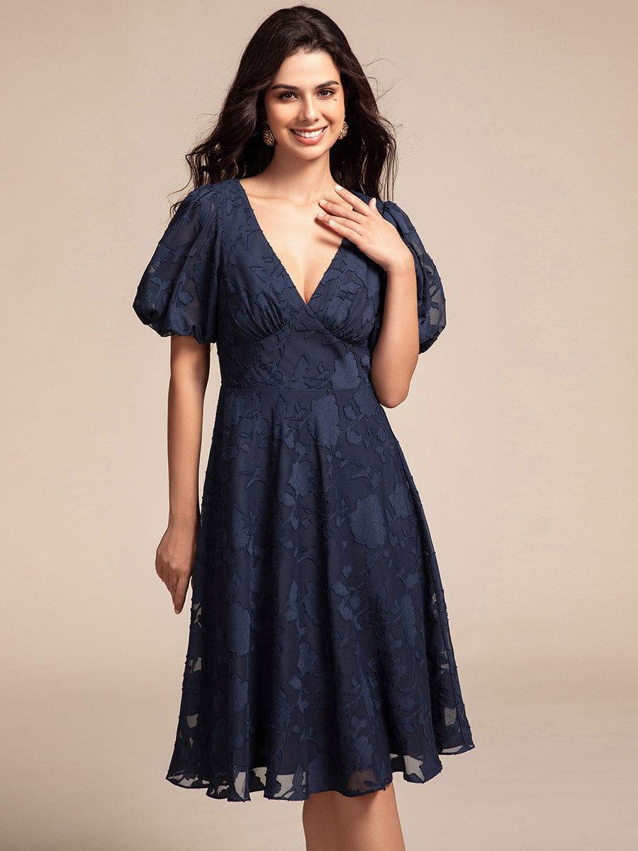 ever DANI|Puff Sleeve V-Neck Midi Wedding Guest Dress