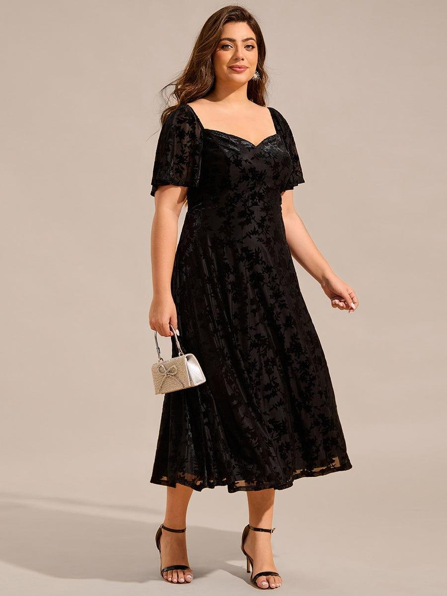 pretty BLOOM|Plus Size Printed Velvet A-Line Short Sleeve Tea Length Wedding Guest Dress