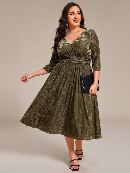 pretty NYRA|Plus Size 3/4 Sleeve Floral Velvet Wedding Guest Dress with Pockets