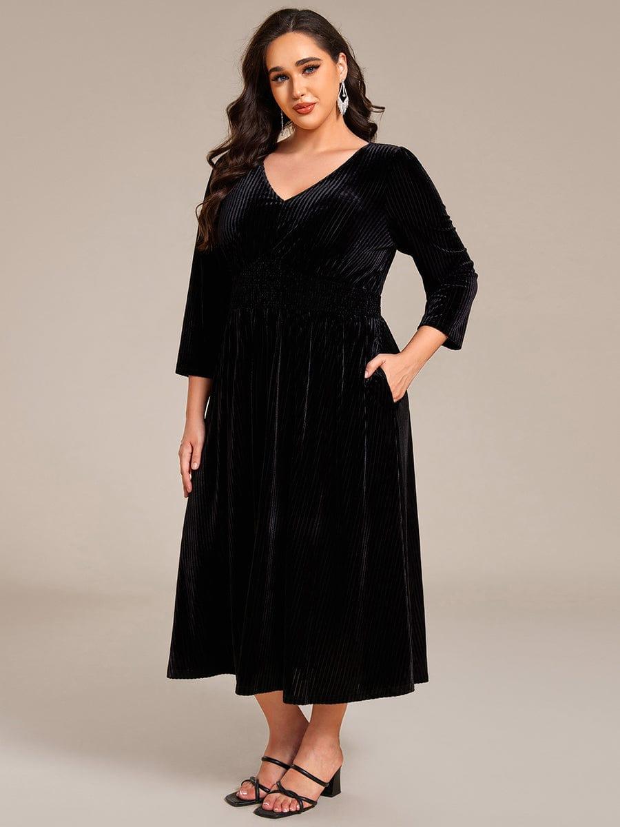 pretty ARLET|Plus Size Elegant Pleated Velvet Stretchy Tea Length Wedding Guest Dress