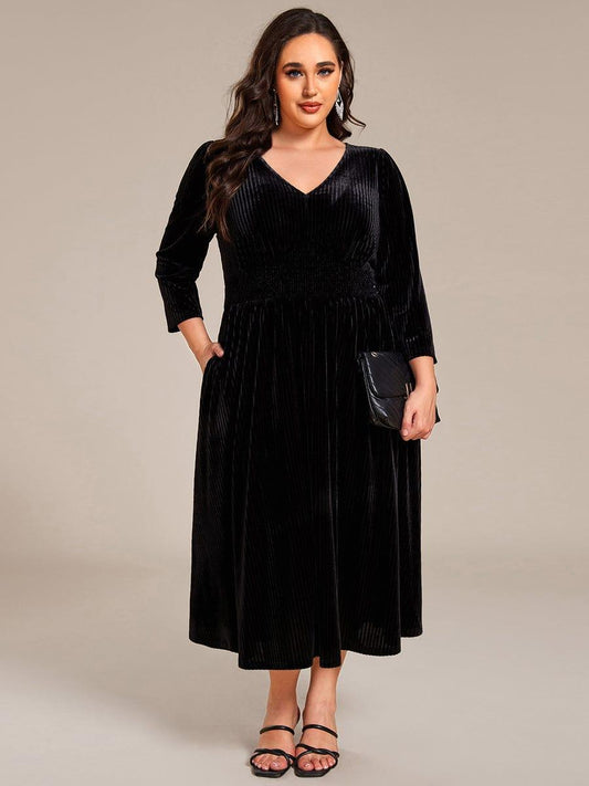 pretty ARLET|Plus Size Elegant Pleated Velvet Stretchy Tea Length Wedding Guest Dress