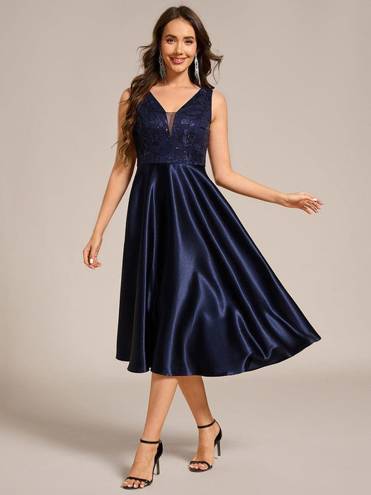 ever DELYN|Sleeveles A-Line Midi Satin Wedding Guest Dress with Pockets