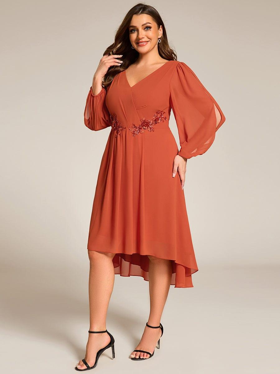 pretty AELINA|Plus Size Flowy Long Sleeves V-Neck Waist Applique Midi Chiffon Wedding Guest Dress