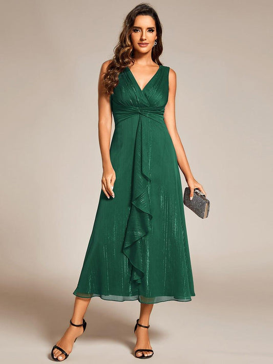 ever MEI|Glitter Sleeveless A-Line Midi Wedding Guest Dress with Ruffled Hem