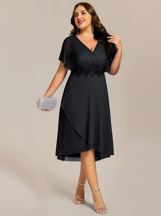 pretty DANNA|Plus Size Short Sleeve Asymmetrical Hem V-Neck Applique Wedding Guest Dress