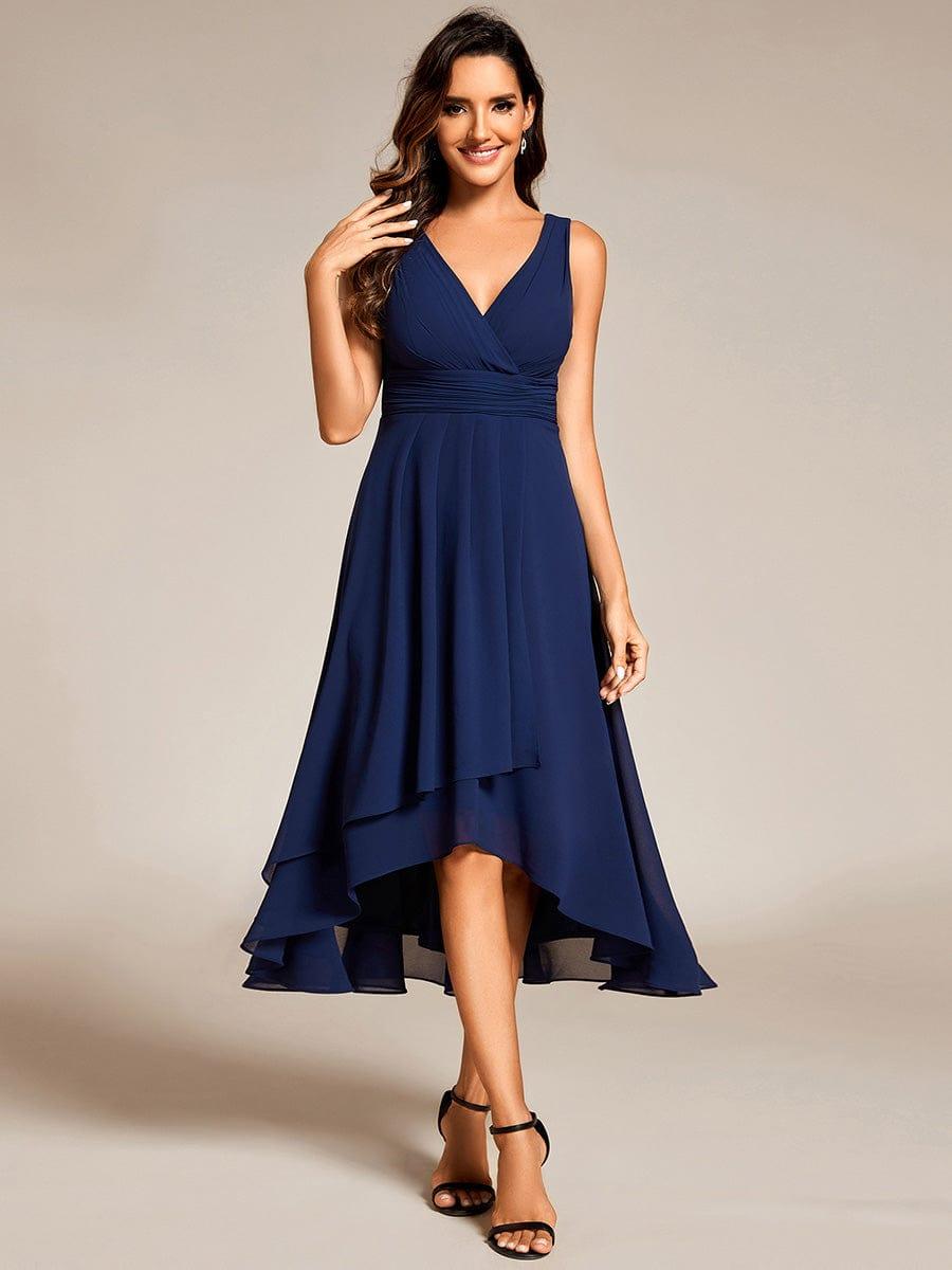 ever AUGUST|Chic V-Neck Pleated Sleeveless High-Low Chiffon Wedding Guest Dress