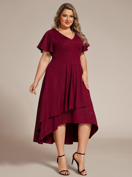 Glow Lana | Plus Size Ruffled Sleeves Glitery V-Neck Midi Wedding Guest Dress