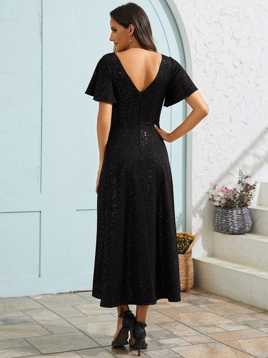 Glow Lana | Sparkling V-Neck High-Low Wedding Guest Dress with Ruffled Sleeves