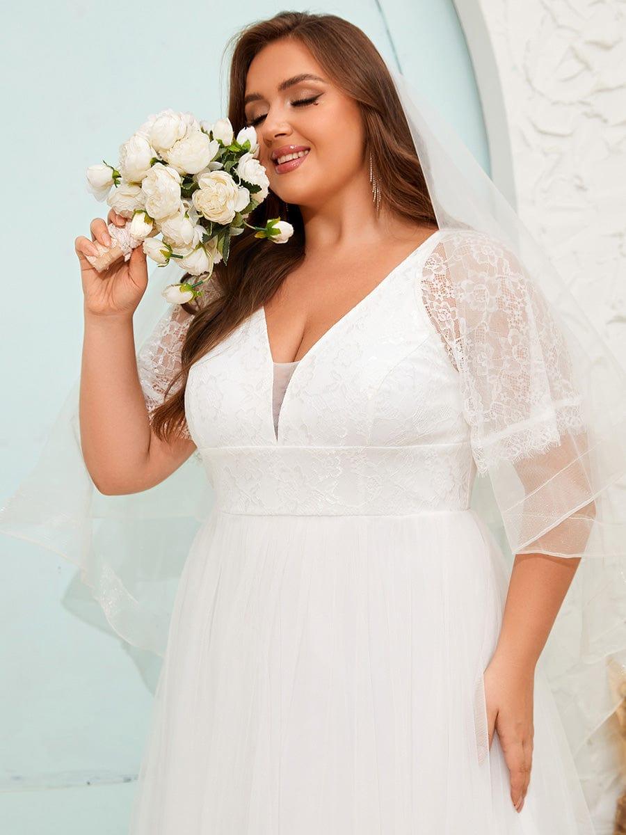 LUSARA'S BRIDE|V-Neck Tulle Wedding Dresses with Lace Short Sleeves