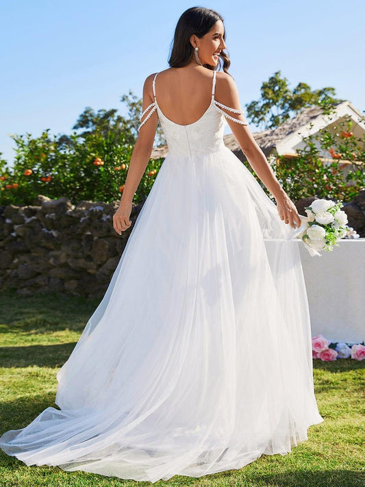 BRAZIA'S BRIDE|A-Line Pearl Spaghetti Strap Embroidered Tulle Wedding Dress with V-Neck